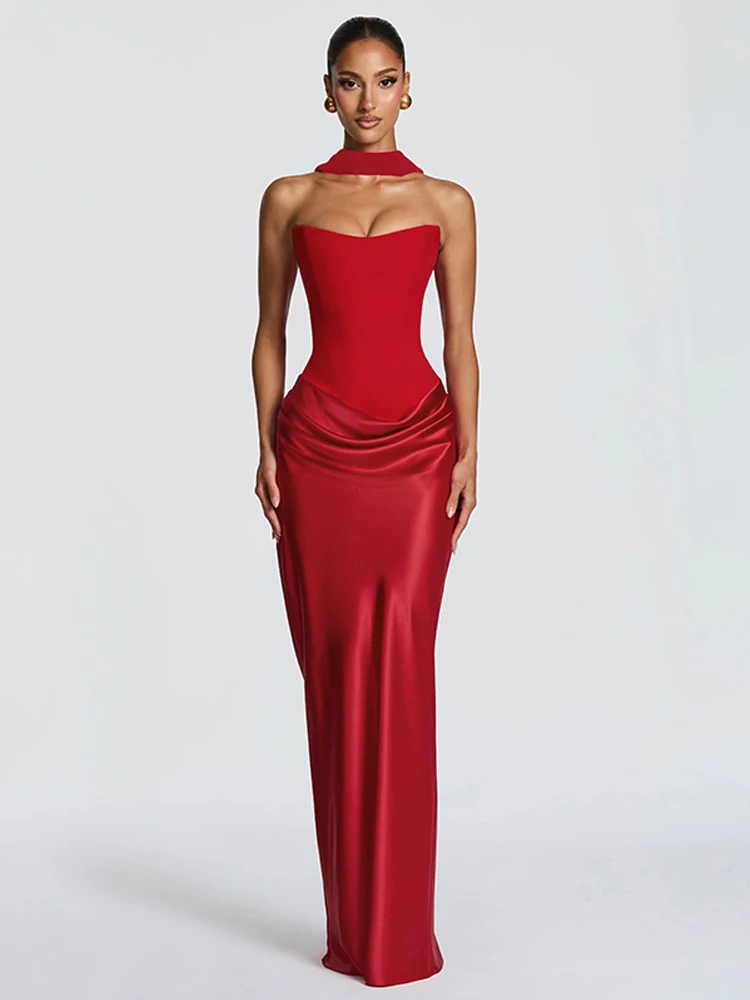 Elegant Off The Shoulder Prom Gowns Fashion Women's Satin Maxi Dress with Scarf Lady Sexy Bodyon Summer Evening Party Dress Long view 5