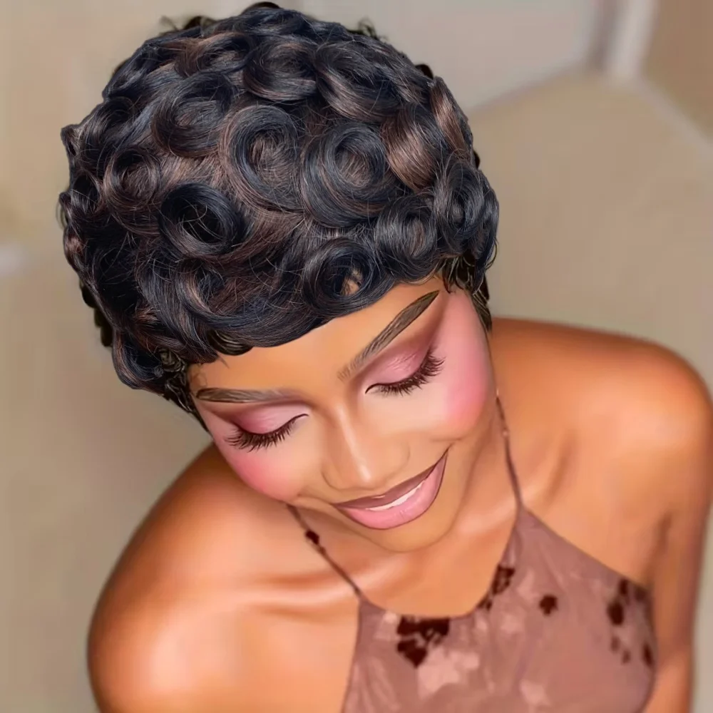 Layered Short Loose Curly Pixie Cut Human Hair Wig with Bangs
