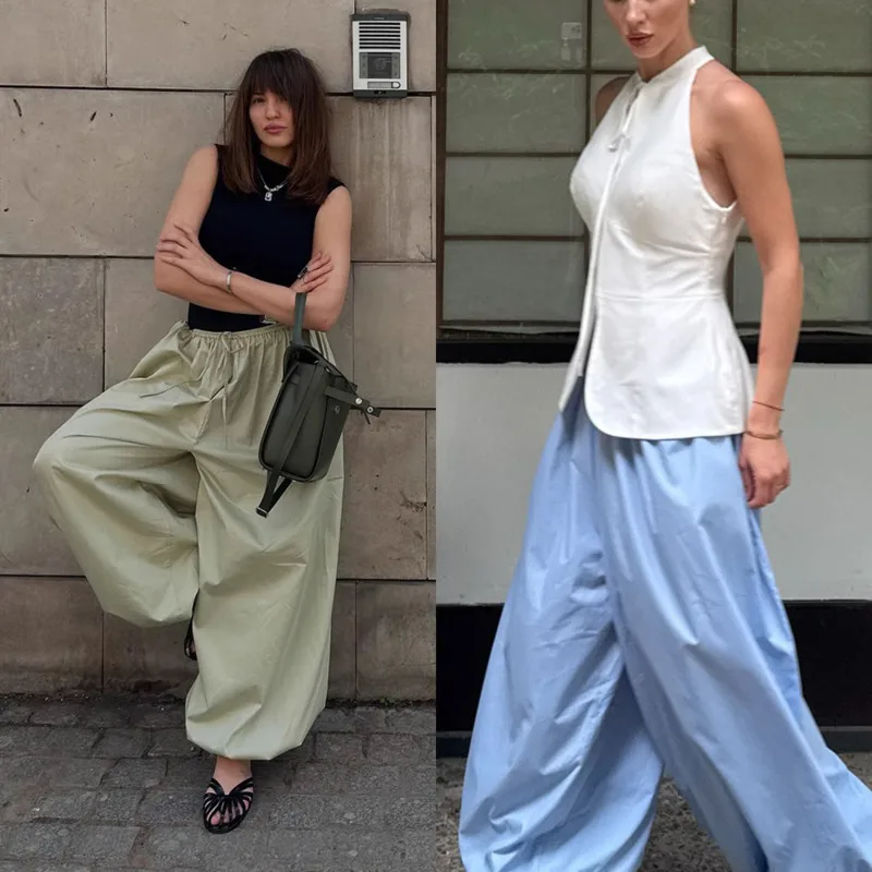 

Women's Summer Loose Fit Bloomers Pants High Waist Pleated Trousers With Pockets New Patchwork Bandage Wide Leg Streetwear Style