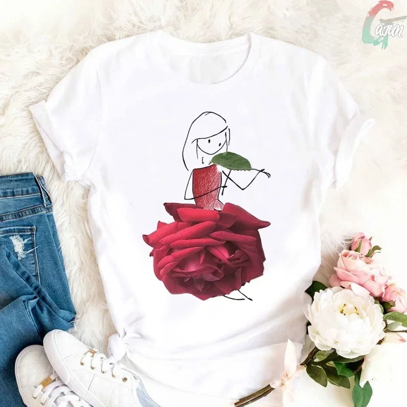 Yellow Fashion Streetwear Women T Shirt Harajuku Rose Girl Bouquet Print T-shirt Summer Sunflower Flowers Loose Casual Women Top