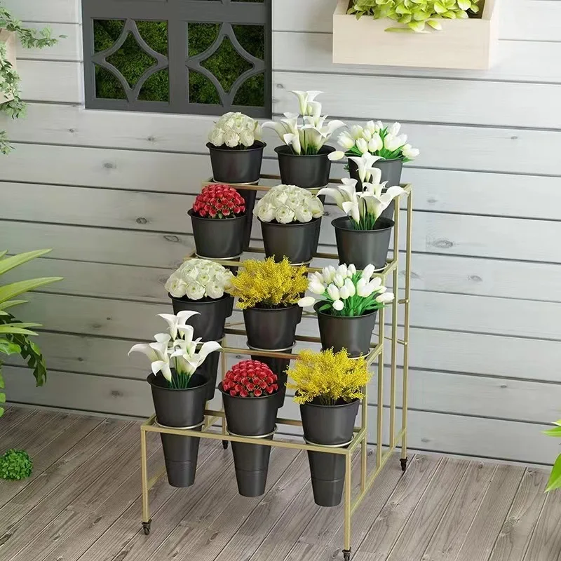 Customized wholesale flower shop large flower wrought iron multi-layer removable display stand with universal wheel