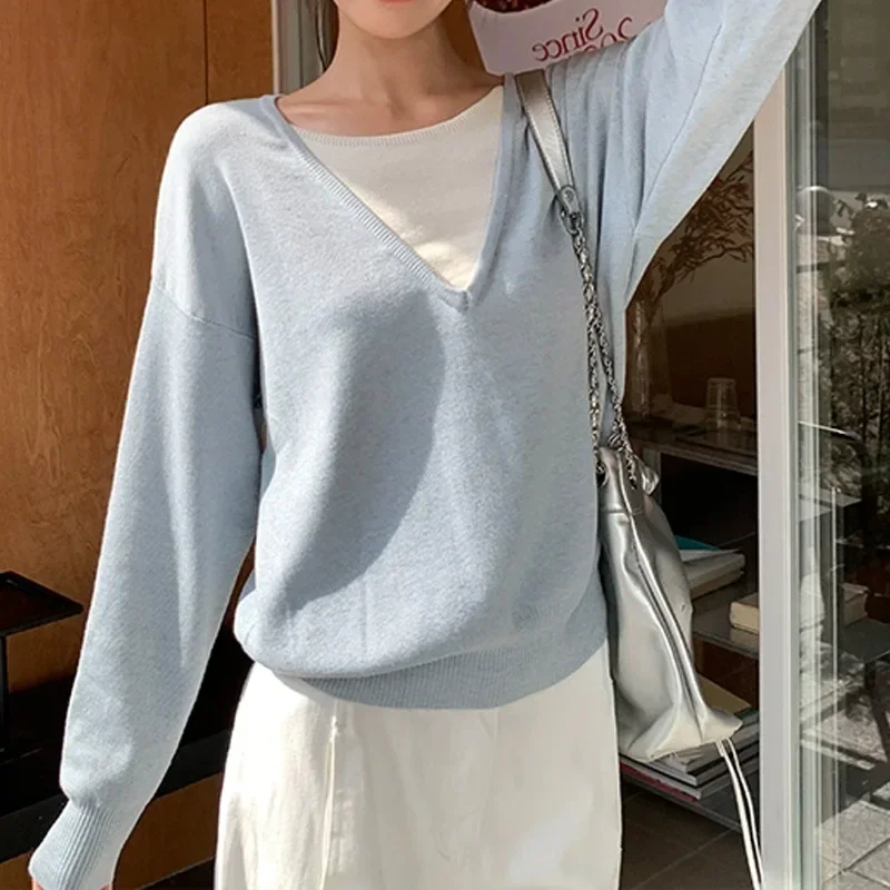 

Loose Round Neck Knitted Sweater For Women Casual Solid Color Long Sleeve Pullovers Korean Early Autumn Fake Two Pieces Knitwear