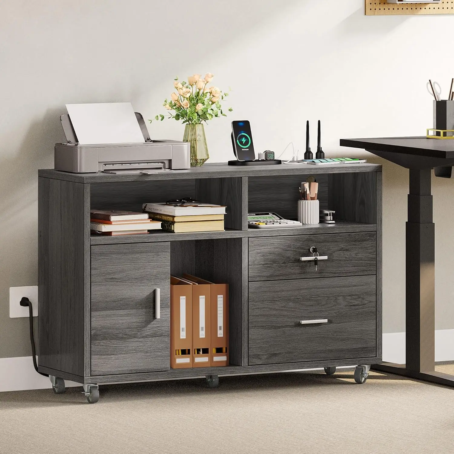 2 Drawer File Cabinet with Charging Station, Mobile Filing Cabinet with Lock, Grey