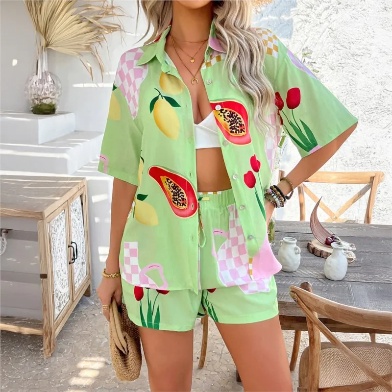 

Fashion Print Button Short Sleeve Shirt + Shorts Two-piece Sets Women's Summer Casual Loose For Women Holiday Beach 2piece Set