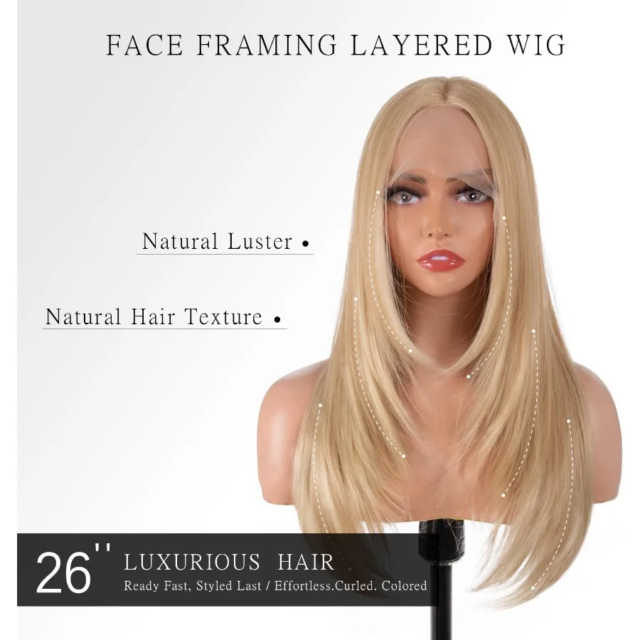 26 Zoll lange blonde synthetische Lace-Front-Perücke für Frauen mit geradem, geschichtetem Stil und HD-Spitze, vorgezupftem Haaransatz, mittlerer Par