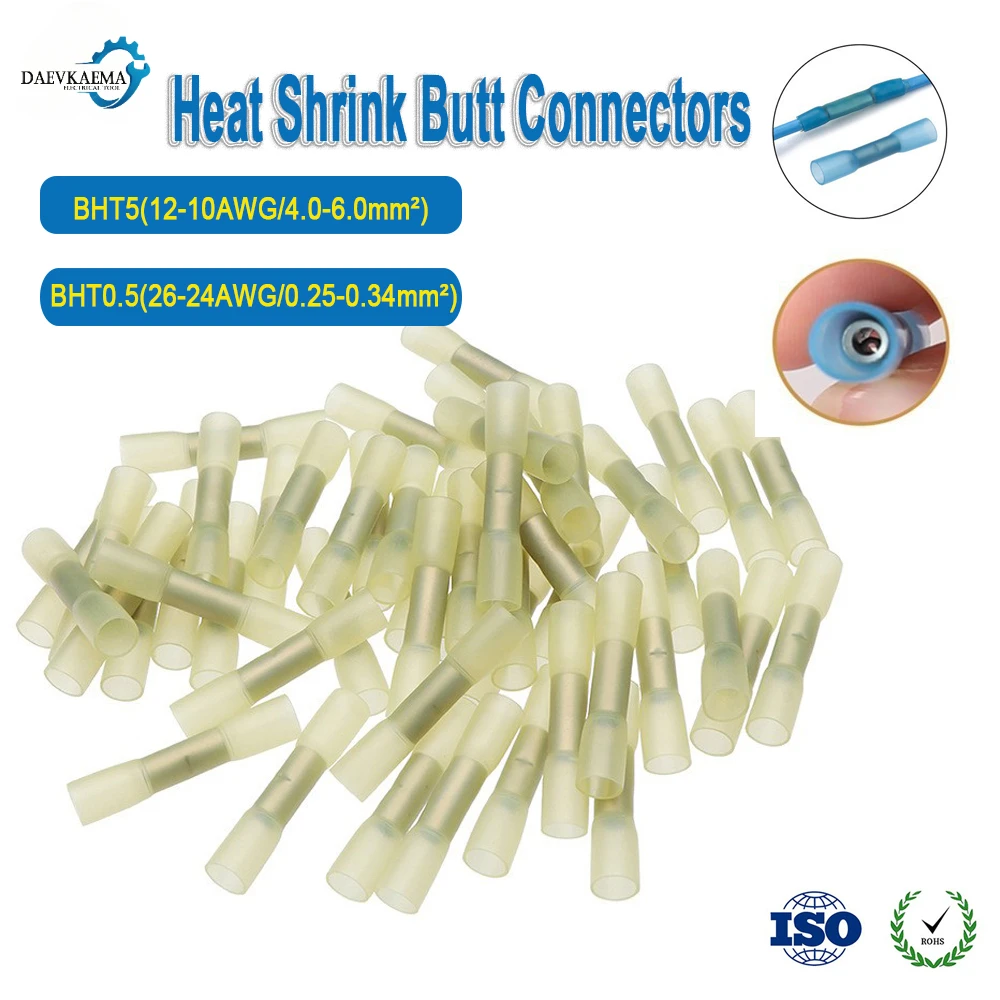 25/50/100PCS Yellow Heat Shrink Butt Terminals Insulated Electrical Wire Connectors 16-14 AWG Cable Crimping Terminals Connector