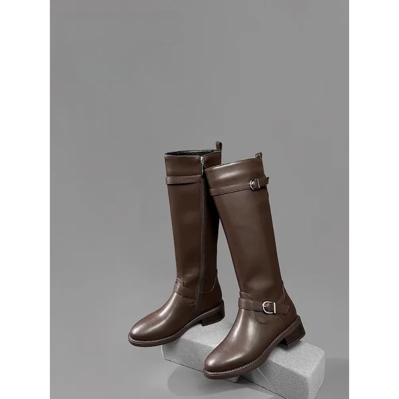 New Italian Cowhide Fashion Knight Boots Women's Shoes Belt Buckle Chelsea Long High Boots Female Casual Genuine Leather Boots