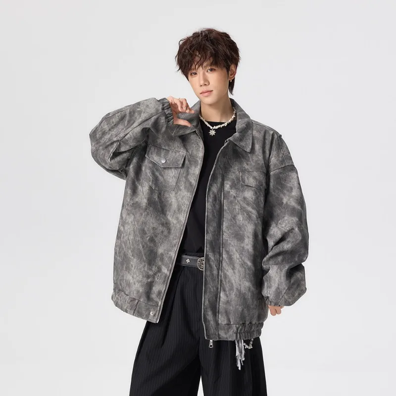 Men Tie Dye Vintage Workwear Jacket Lapel Collar Zip Up Double Chest Pockets Loose Oversized Windproof Casual Streetwear Coat