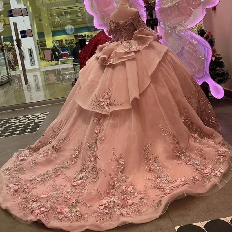 

Customized Luxury Quinceanera Dresses Flower Appliques Vestidos De 15 Anos Corset Back Court Train Formal Birthday Party Prom