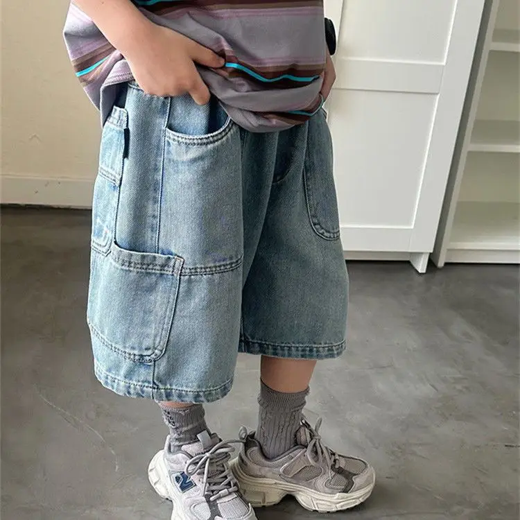 Korean 2-10Y Boys Denim Shorts Summer Thin New Kids Solid Color Fashion Short Pants Children Cotton Casual Knee Length Shorts