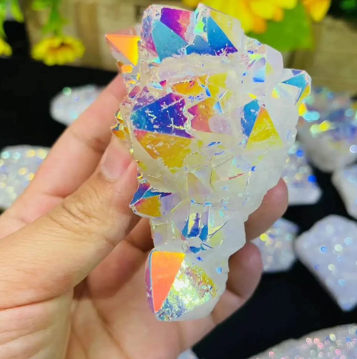 1Pc Angel Aura Rainbow White Cluster Quartz Mineral Specimen Natural Crystal Reiki Stone Healing Home Decor Fengshui Meditation