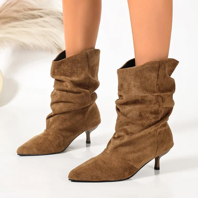 Women's 2026 New Fashion Pleated Double Thin High Heel Boots Spring and Autumn Pointed Temperament Sleeve Foot Pile Boots