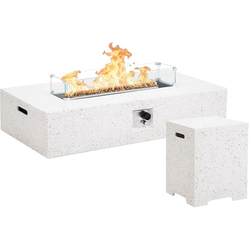 

Outdoor Propane Fire Pit Table - 56" White Rectangle Terrazzo Finish Fire Table, Certified, 50000 BTU Stainless Steel Burner