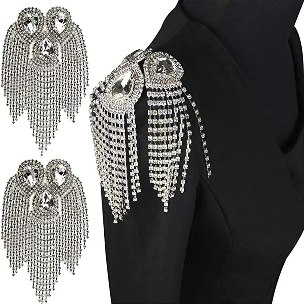 Beaded Crystal Epaulette Clothes Punk Coat Suit DIY Chain Tassel Badge Rhinestones Epaulets Shoulder  Sweater Patches Appliques