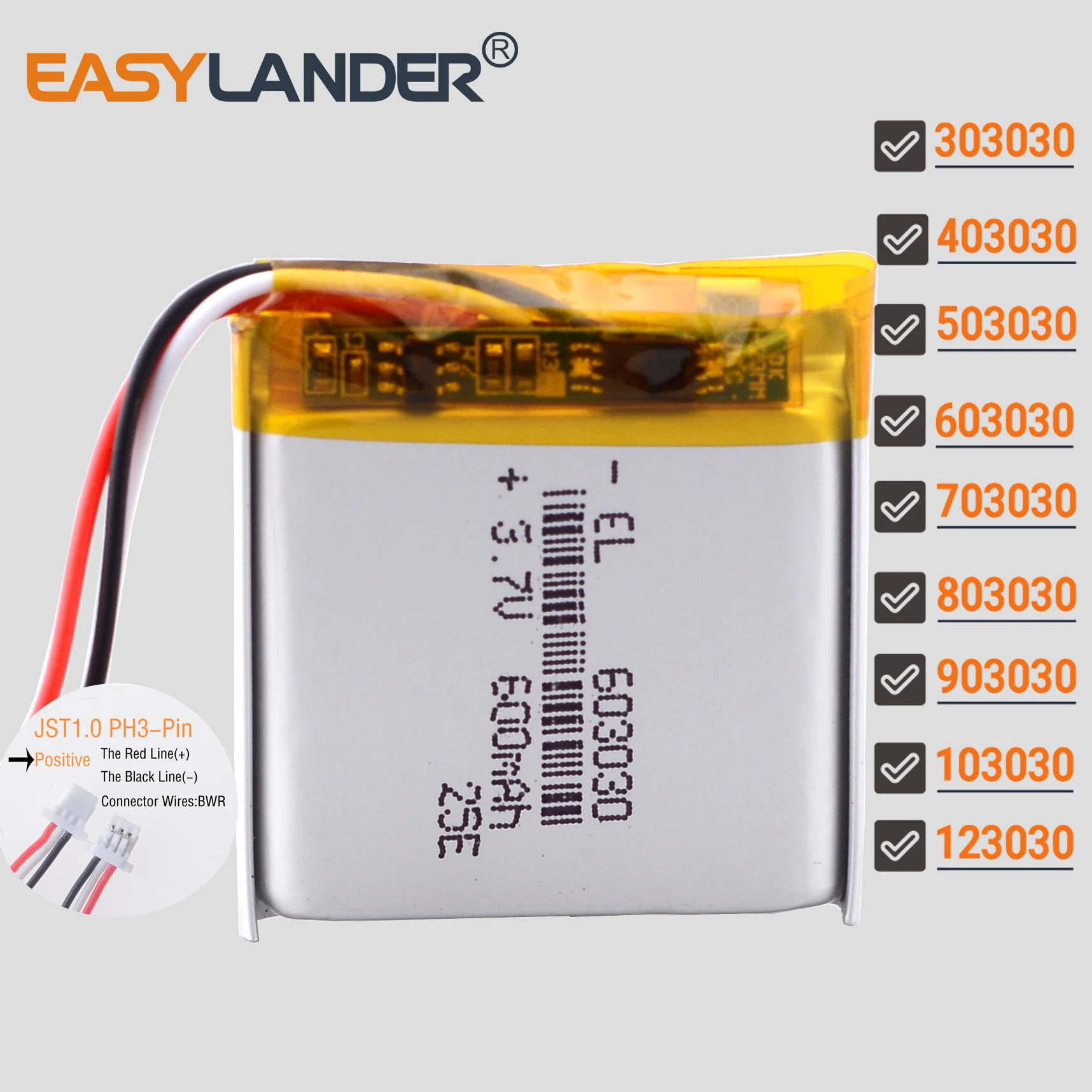 JST1.0 3Pin 503030 3.7V 500mAh 303030 403030 603030 703030 803030 903030 103030 Lithium Li-ion Polymer Battery Lipo Batteries