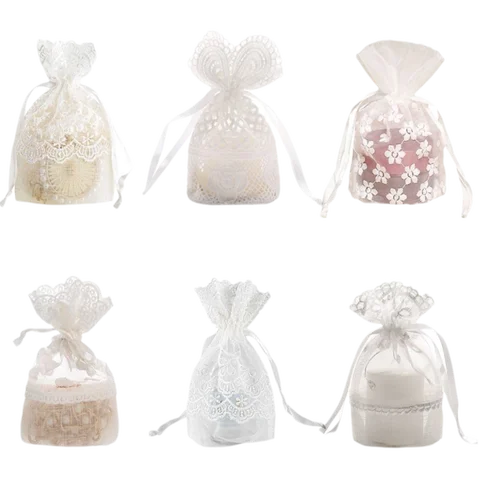 Reusable White Gift Bag Gauze Festival Favor Drawstring Pocket Packing Storage Bag Candy Soap Lace Sachet Jewelry Packing