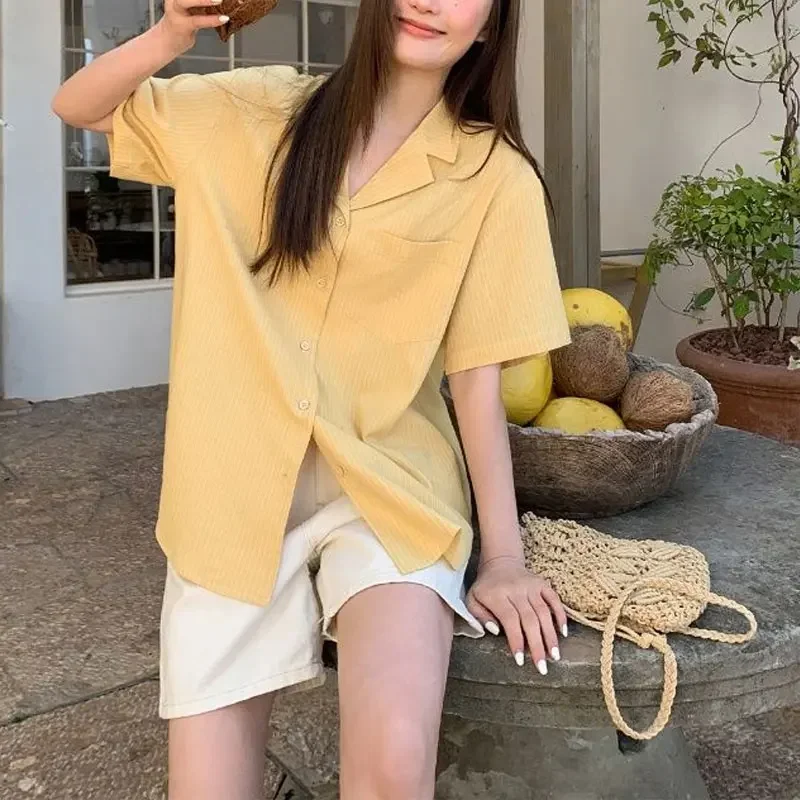 

Female Clothing Korean Striped Blouse Casual Turn-down Collar Summer New Loose Basic Short Sleeve Stylish Pockets Spliced Shirts