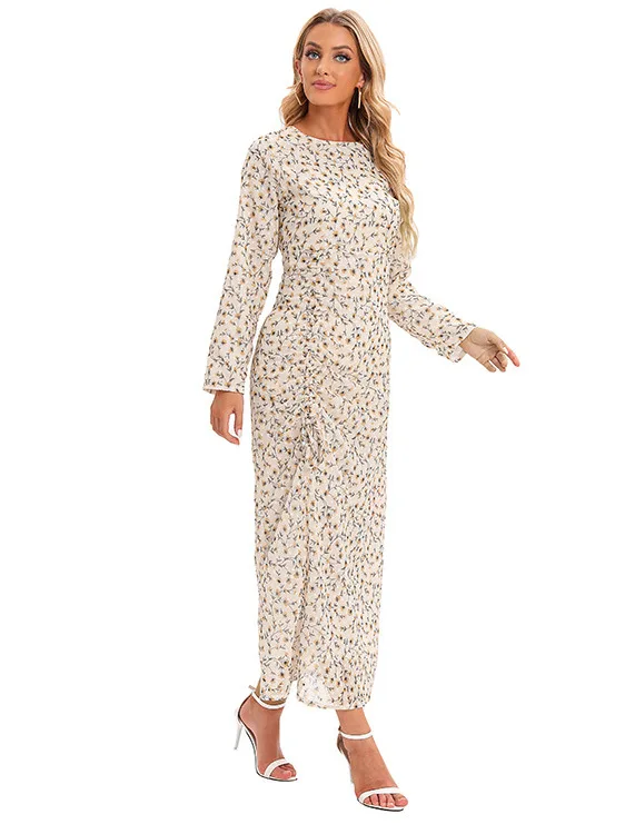 

Sweet Floral Print Long Dress Waist Cinched Rope Ethnic Clothing Long Sleeve Women's Fashionable Traditional Stage Costume