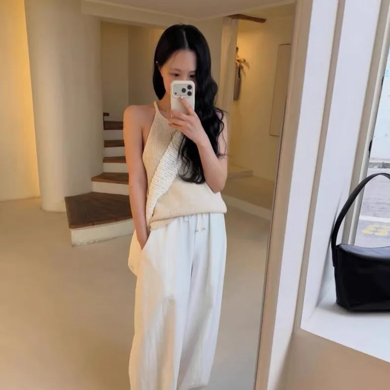 

Moia Korean Style Lazy Long Sleeve Knitted Sweater And Halter Neck Vest Women's Set Simple Match Autumn Spring Summer