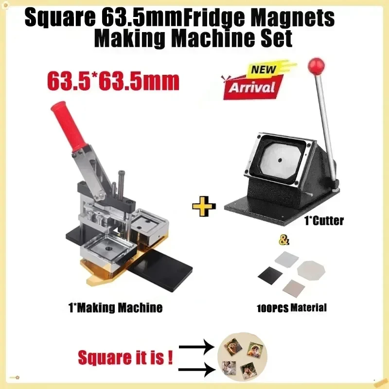 Square Fridge Magnets Making Machine Full set Rotary 63.5x63.5mm Metal Maker + Paper Cutter + 100Sets Magnet Fridge Making Parts