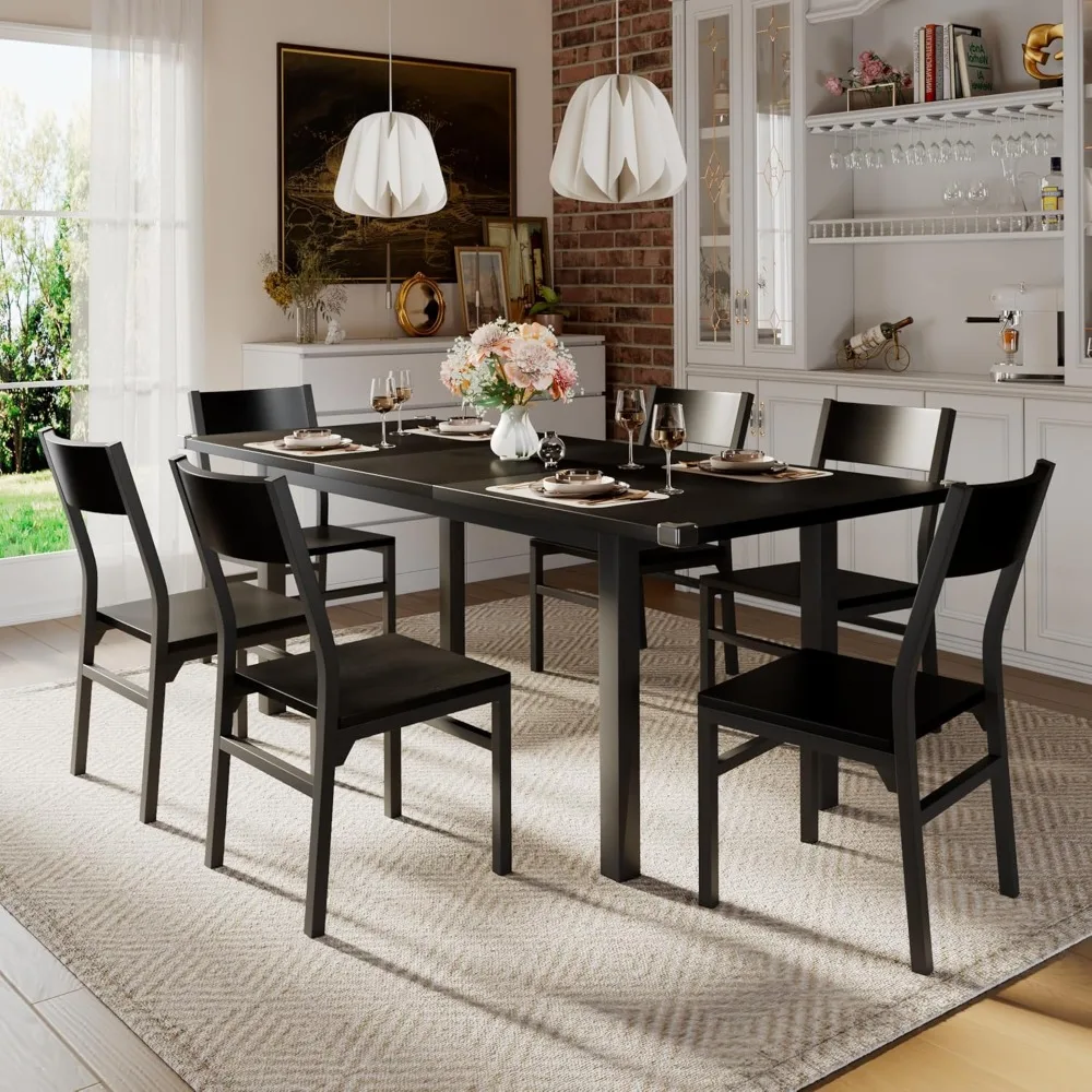 

7-Piece Dining Table & Chairs Set for 4-6, 63" Extendable Kitchen Table with 6 Chairs, Dining Room Table with Metal Frame & MDF