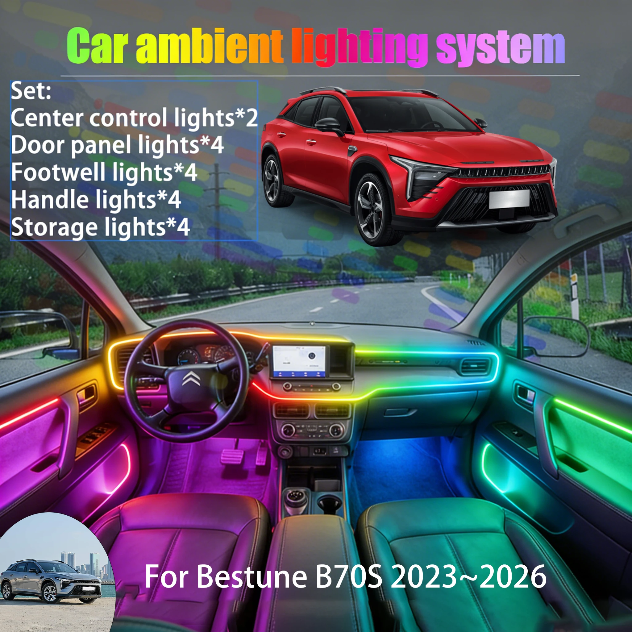 For Bestune B70S 2023~2026 2/18 in 1 Car ambient lighting Led trunk interior led lights USB RGB Ensemble Streamer Auto Parts