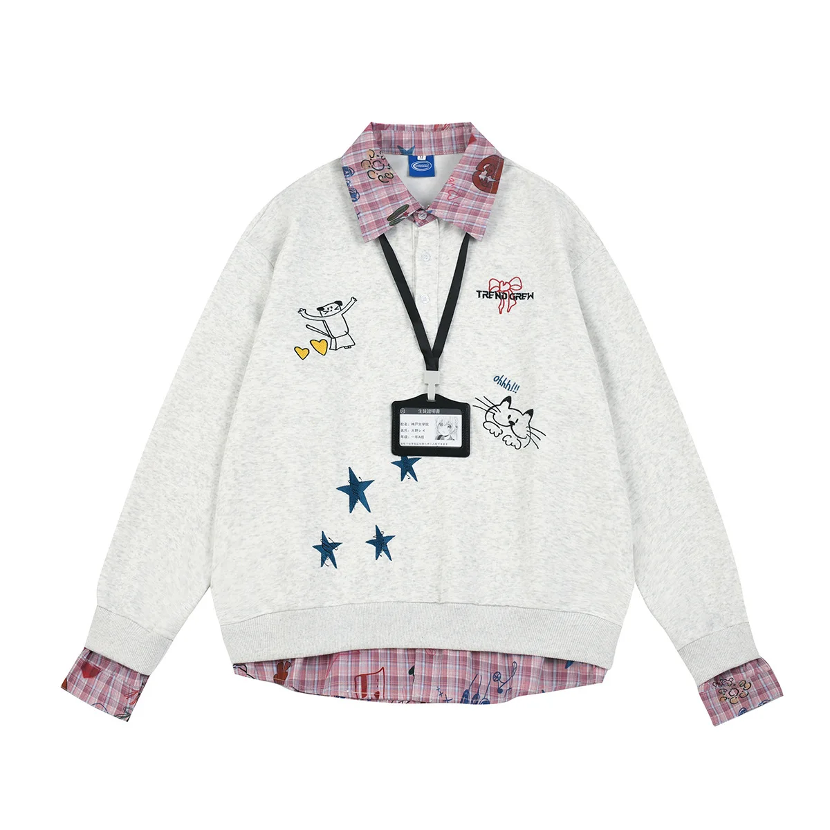 

American College Style Cat Embroidery Hoodie Unisex Autumn New False Two Piece Plaid Polo