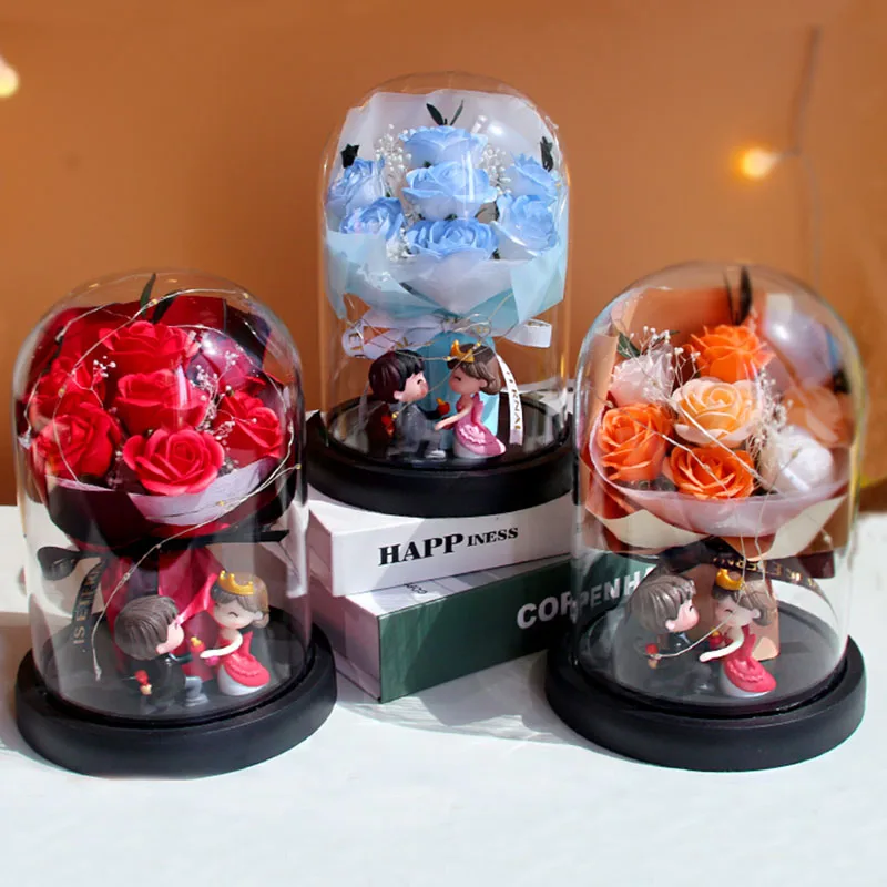 Etermal couple Soap Roses light up Glass floral gift Eternal flower bouquet f girl boy friend Christmas valentine wedding favor