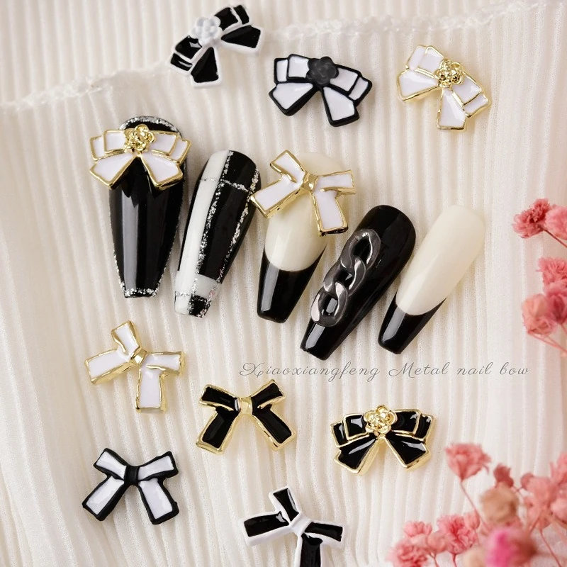 10Pcs Camellia Bow Alloy Nail Charms Japanese Style Black Metal Rhinestone Ornaments DIY Nail Art Manicure Decor Set view 3