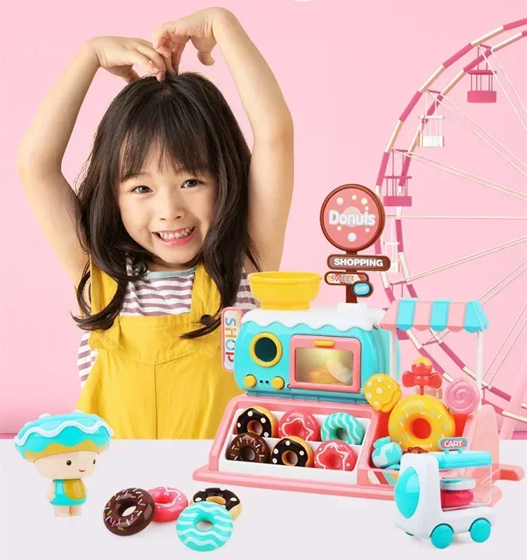 Lights and sound Donut Candy truck toy supermarket roaster oven delivery car kitchen food set play house toys for kids best gift