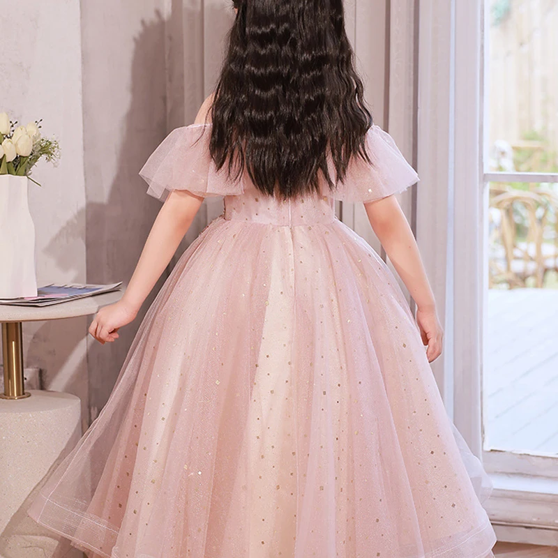 Paillettes rugiada spalla bambini abiti per la festa abito da sposa bambini abito da spettacolo bambino Tulle principessa vestito per ragazze