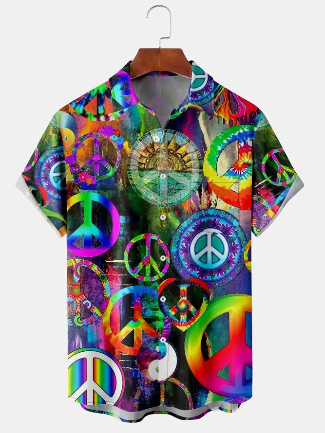 Colorful Bus Car Men's Hippie Peace and Love printed front button soft breathable chest pocket casual Hawaiian shirt men top 5XL