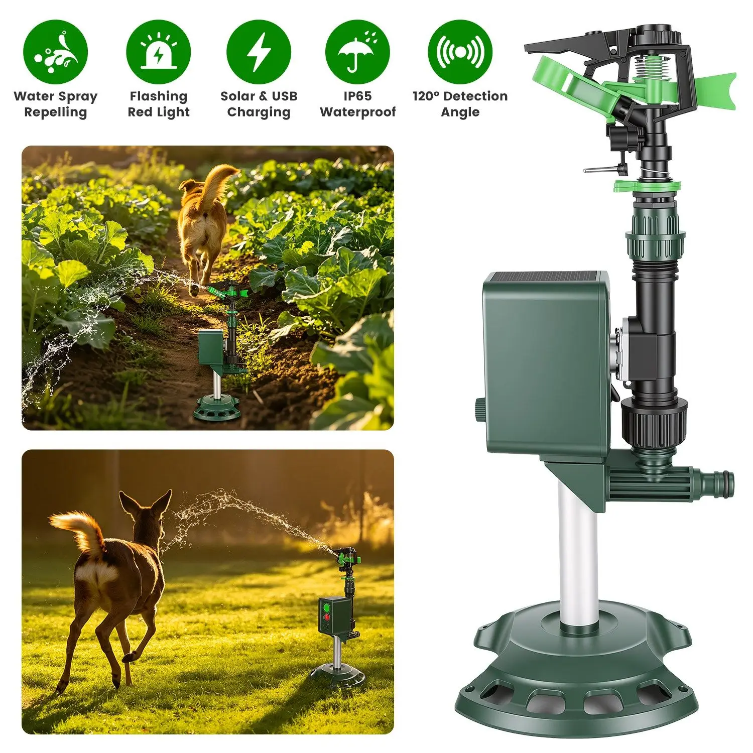 Solar Powered Motion Sensor Animal Repellent Sprinkler with Flashing Light Outdoor Animal Deterrent for Cats Dogs Squirrels Bird