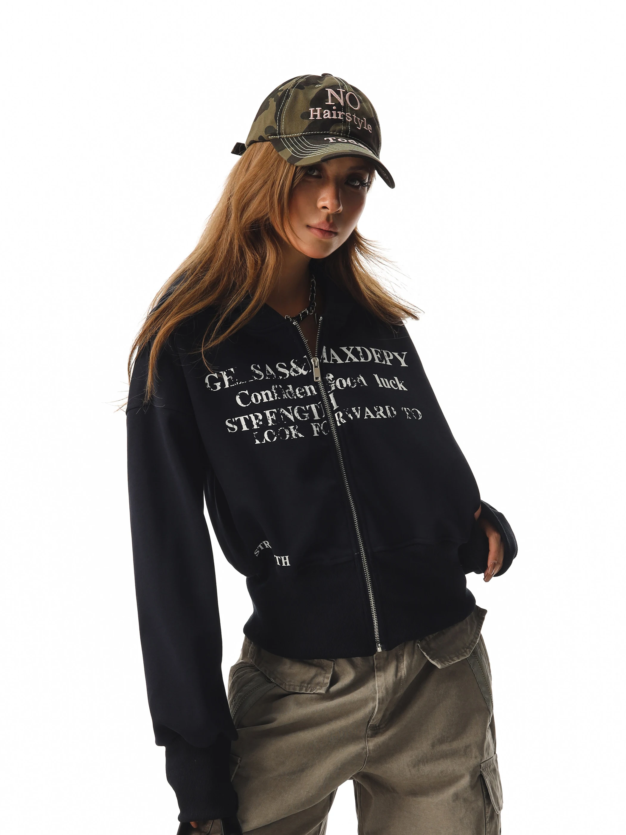 

Captain Beer American Letter Print Hooded Open Cardigan Women's Spicy Girl Slim Fit ort Outerwear Street Sle Long Sve