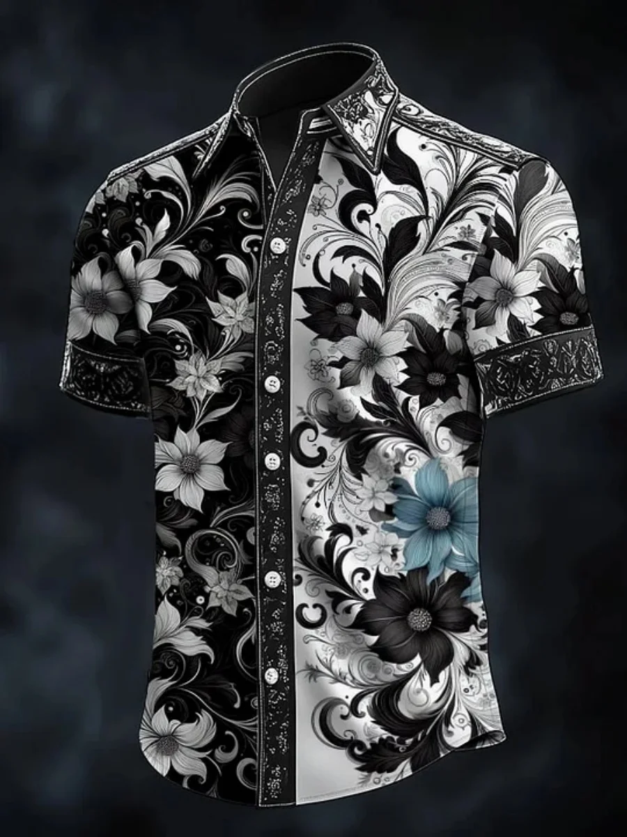 

New Men's Casual Short Sleeve Shirt 3D Flower Print Lapel Fashionable and Comfortable Oversized XS-5XL Soft and Breathable