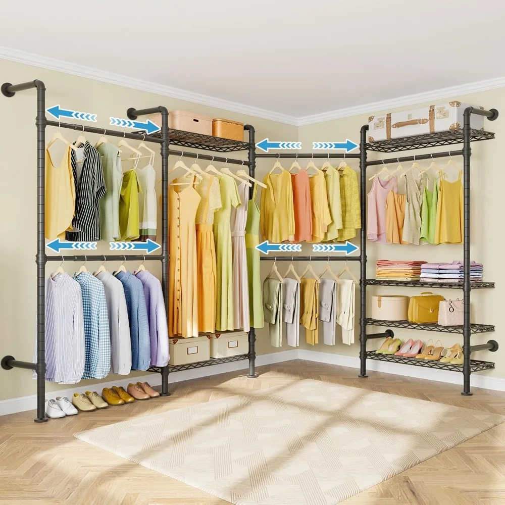 L4 L Shape Garment Rack Heavy Duty Clothes Rack for Hanging Clothes, Expandable Industrial Pipe Clothing Rack, Wall Mounted Clo