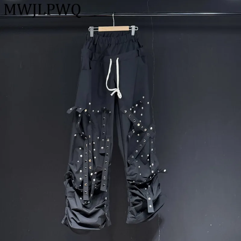 

MWJLPWQ Dark Style Heavy-Duty Rivet Pleated Casual Pants For Men High Street Loose Drawstring Irregular Black Trousers 12929