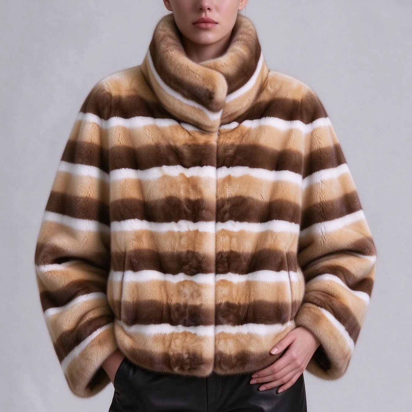 IG Women Mink Fur Large Rolled Collar Cropped Jacket, Zip Closure Long Sleeve Luxury Winter Elegant Commuter Outerwear
