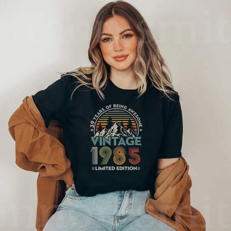 

Vintage 1985 Limited Deition 39 Years of Being Awesome Women T Shirt Cotton 39th Birhtday Old Persional Gift O Neck Female