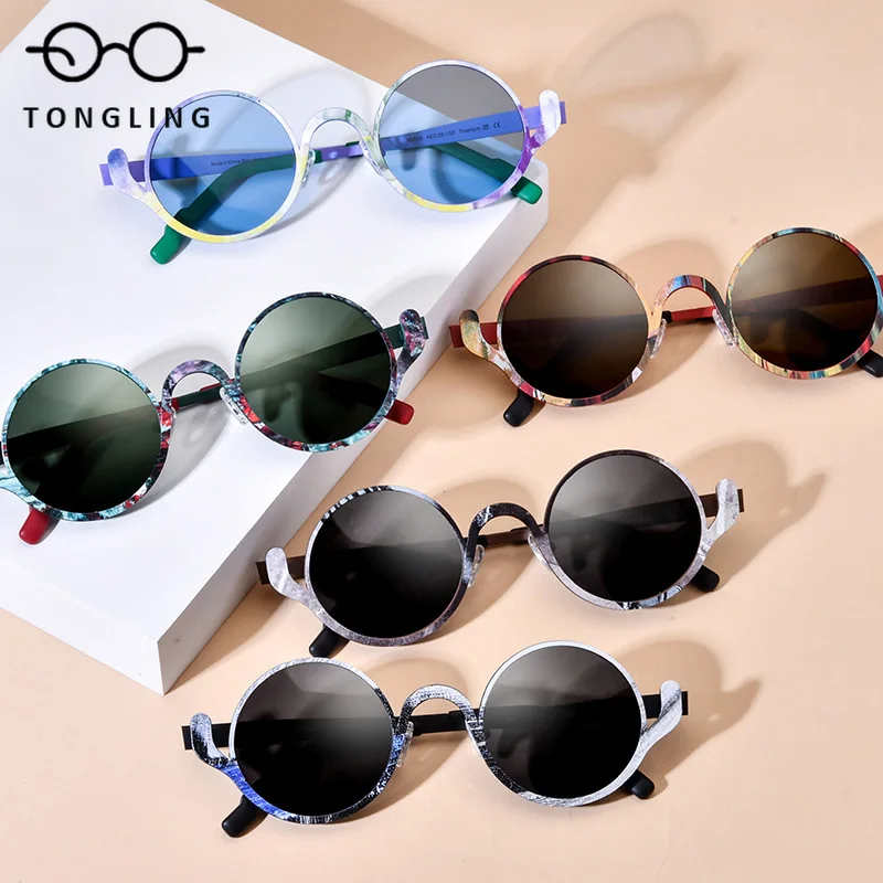 High-quality Men Two-Tone Personalized Pure Titanium Round Glasses Women Fashionable Unconventional Polarized Driving Sunglasses