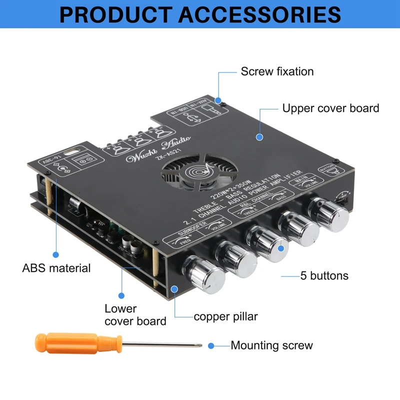 TPA3251D2 Bluetooth 5.0 2.1 Channel Power Audio Stereo Subwoofer Amplifier Board 220Wx2+350W TREBLE Low Tone AMP ZK-AS21