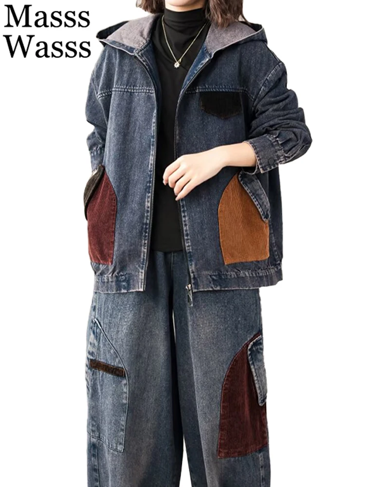 Masss Wasss Spring Jacket Suits Women Denim 2 Pieces Sets Loose Hooded Coats Vintage Jeans Casual Pants Classic Corduroy Outfits