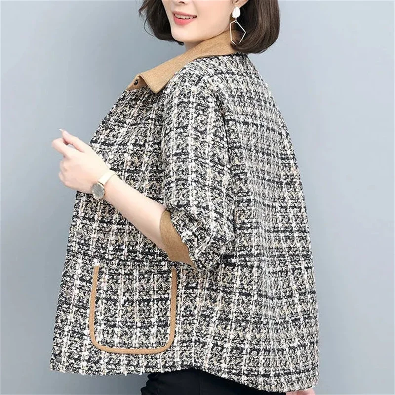 

High-End Small Fragrance Coat Ladies New Mother Short Jacket Spring Autumn Women's Wear Houndstooth Overwear Splicing Outcoat