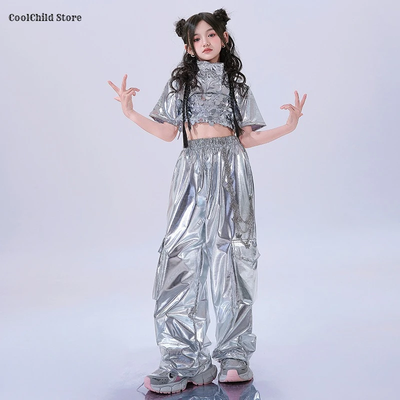 Girls Hio Hop Shiny Silver Sequin Crop Top Cargo Pants  Dance Kids K-pop Streetwear Children Jazz Girl Group Costume Clothes Set