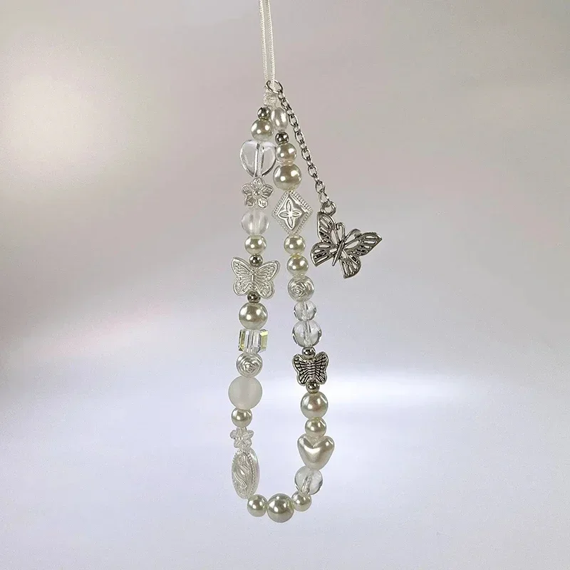 

Милый серебряный брелок с жемчугом и бабочкой на телефоне, очаровательный ремешок для мобильного телефона, подвеска для женщин, аксессуары для мобильных устройств