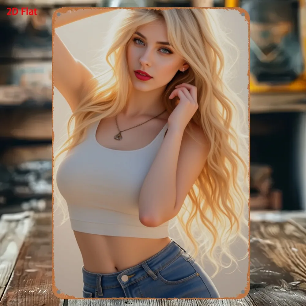 Vintage Metal Tin Sign, Blonde Beauty White Crop Top Jeans Rust Metal Plaque, 2D Flat Garage Bedroom Retro Hanging