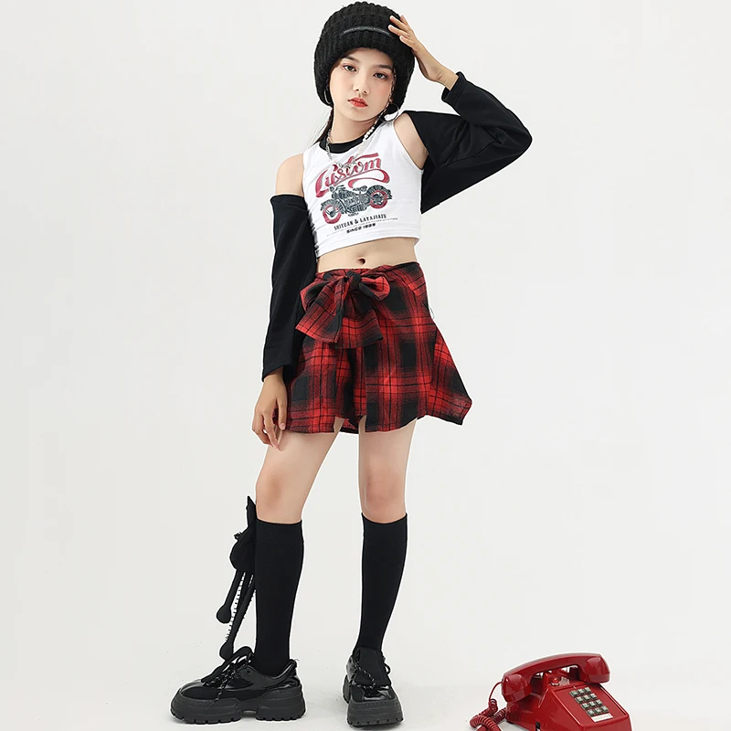 Kids Hip Hop Clothing Teenage Showing Outfit Crop Tops Tank Vest Checkered Mini Skirt For Girls Dance Costume Children Clothes