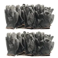 12 Pairs Black Nylon Coated Polyurethane Palm Glove For Builders Construction Industrial Protective Work Safety Gloves