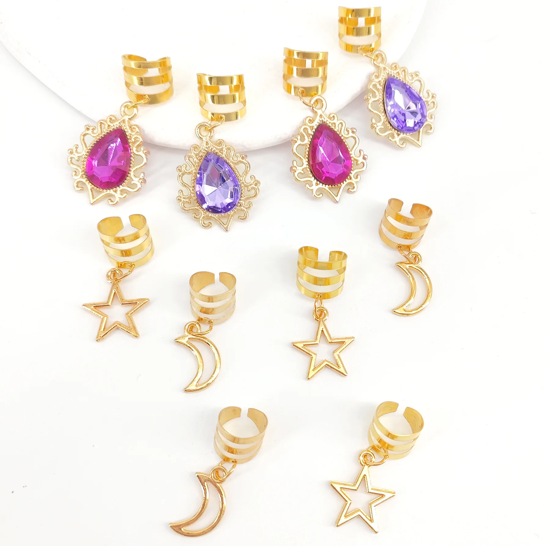 10pcs Gold Star Moon Collocation Filigree Inlaid Rhinestone Hair Jewelry Accessories Pendant DIY Hair Beads Braiding Hair Clips