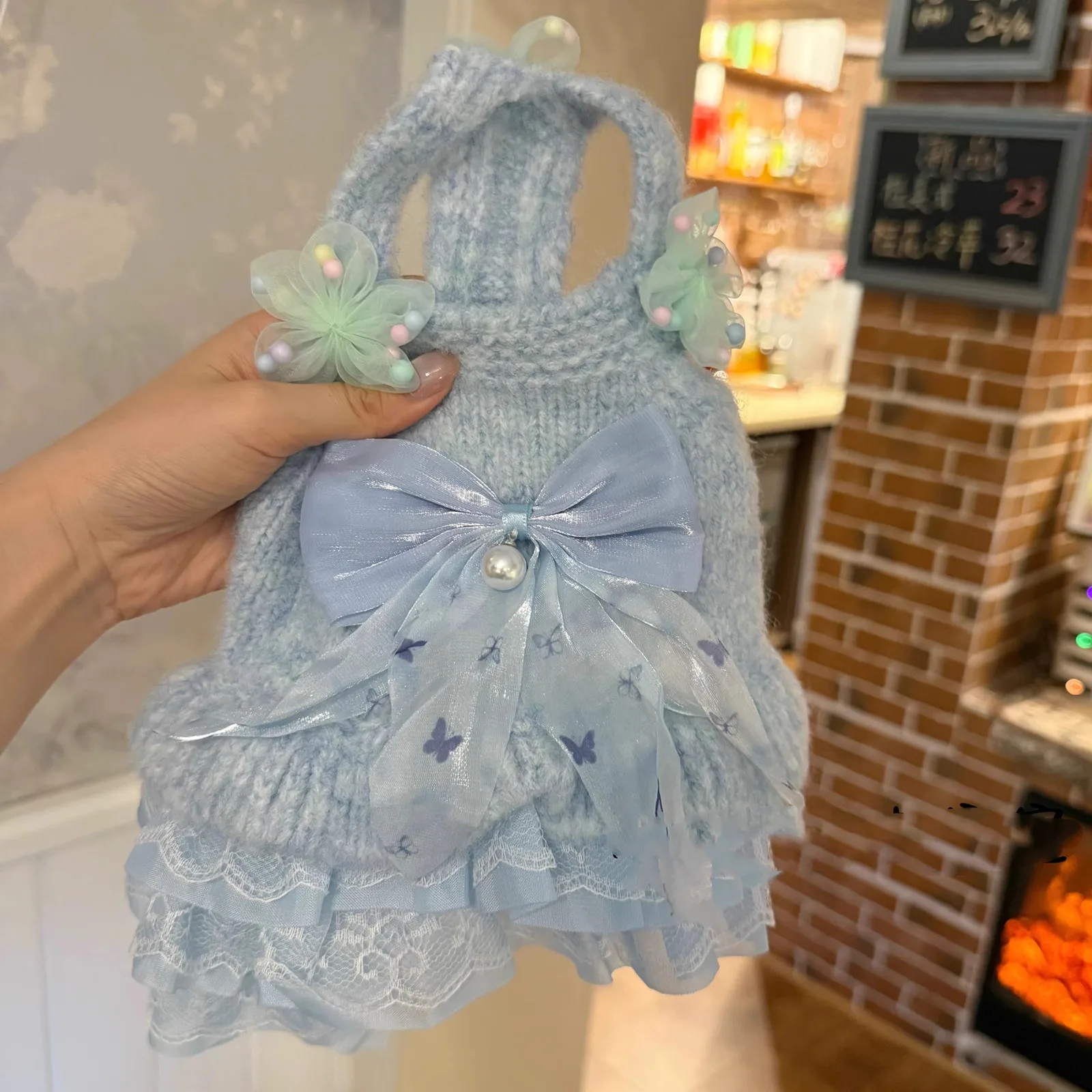 

Blue Pink Sweet Exquisite Pet Knitted Dress With Pearl Lace - Autumn Dog Dress Sweater